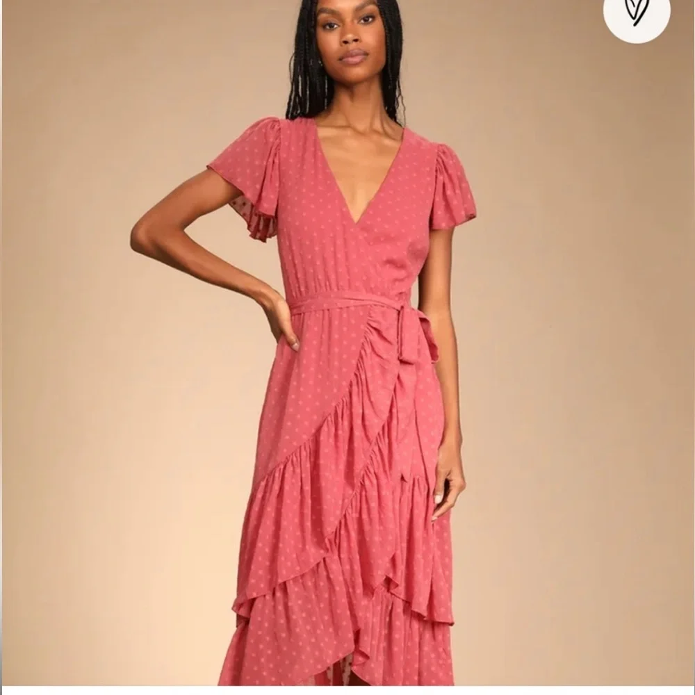 Lulus Mauve Have Harmony Swiss Dot Ruffled Faux Wrap Midi Dress - Picture 5 of 5